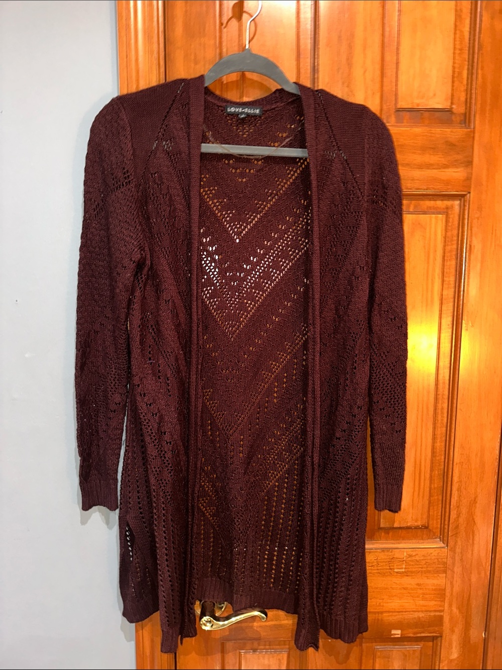 Love Ellie Open-Front Burgundy Pointelle Knit Cardigan